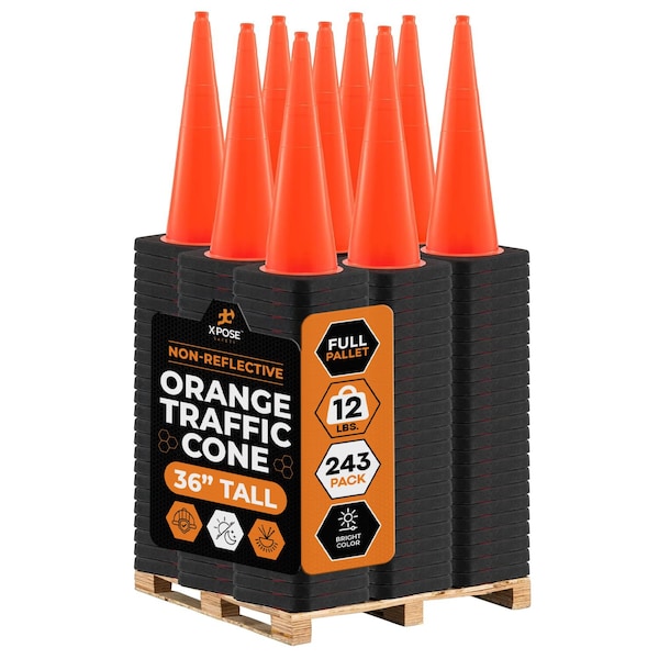 Xpose Safety 36 Inch Multipurpose PVC Orange Traffic Cone, 12lb base, 243PK OTC36-12L-FP243-X - main