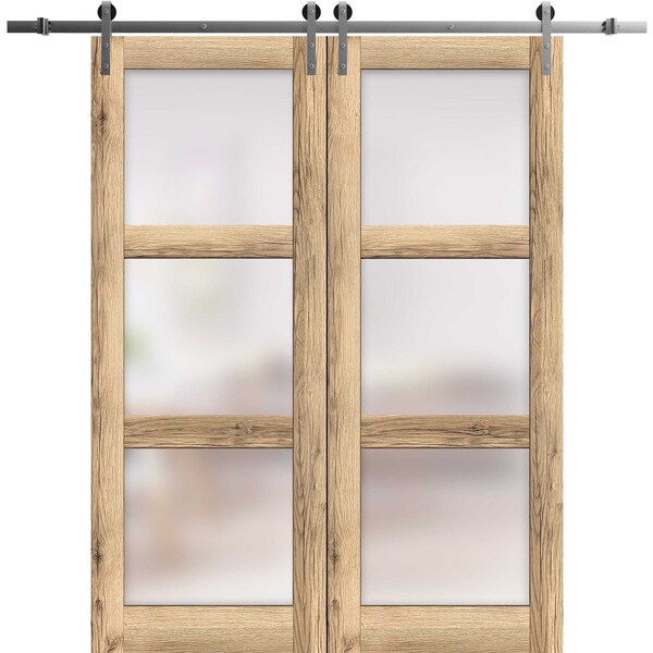 Sartodoors Sturdy Double Barn Door with Frosted Glass, Lucia 2552 Oak, 13FT Rail Hangers Heavy Set, Solid Pa LUCIA2552DB-S-DUB-72 - main