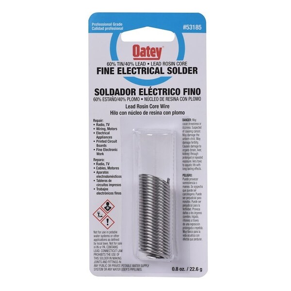 Oatey Rosin Core Solder, 0.8 oz Carded, Solid, Silver, 361 to 375 deg F Melting Point 53185 - main