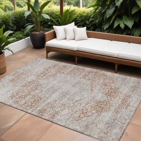 Homeroots 9' X 12' Copper And Beige Floral Washable Indoor Outdoor Area Rug 605083 - main