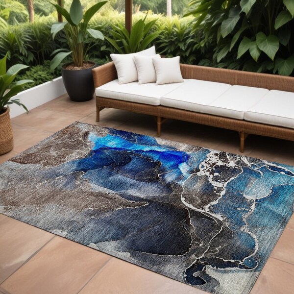 Homeroots 10' X 14' Blue Abstract Washable Non Skid Indoor Outdoor Area Rug 559657 - main