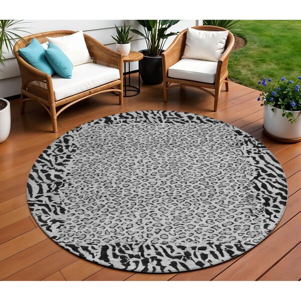 Homeroots 8' Gray Round Animal Print Washable Indoor Outdoor Area Rug 607652 - main