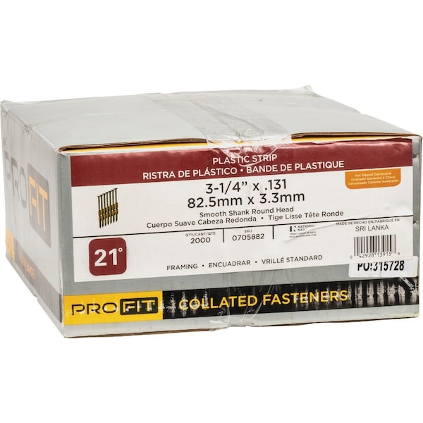 Pro-Fit 3-1/4''x0.131'' 21Deg Plastic Strip Smth Shnk Rnd Hd Hot Dipped Glvnzd Framing Stick Nails, 2000 Ct. 705882 - main