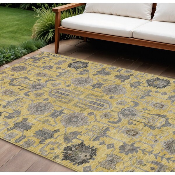 Homeroots 10' X 14' Yellow Gray And Charcoal Oriental Washable Indoor Outdoor Area Rug 582085 - main