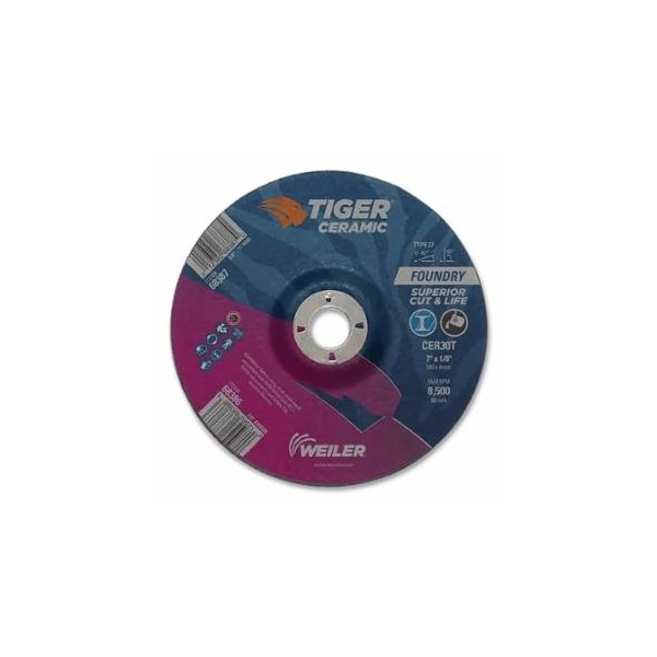 Weiler Tiger Grinding Wheel, Combo, 7 in dia x 1/8 in Thick x 7/8 in Arbor, 30 Grit, Ceramic, 25PK 804-68386 - main
