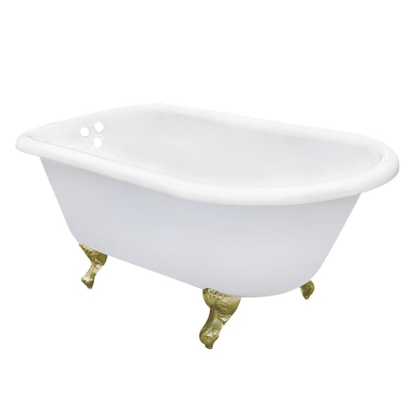 Kingston Brass 60" Cast Iron Oval Rectangular Roll Top Clawfoot Tub, 3-3/8" Wall Drillings, White/Brushed Brass VCT3D603019NT7 - main