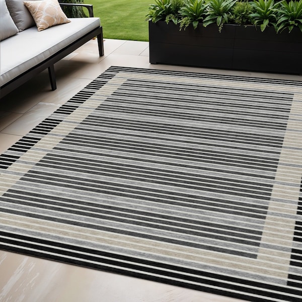 Homeroots 5' X 8' Black And Beige Striped Washable Indoor Outdoor Area Rug 610457 - main