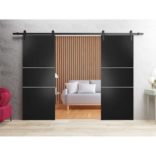 Sartodoors Sturdy Double Barn Door with Hardware, Planum 0110 Matte Black and Aluminum Strips, 13FT Rail Hange PLANUM0110DB-BLK-36 - main