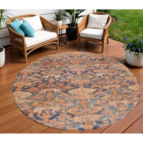 Homeroots 8' Terra Cotta And Charcoal Round Damask Washable Indoor Outdoor Area Rug 603391 - main