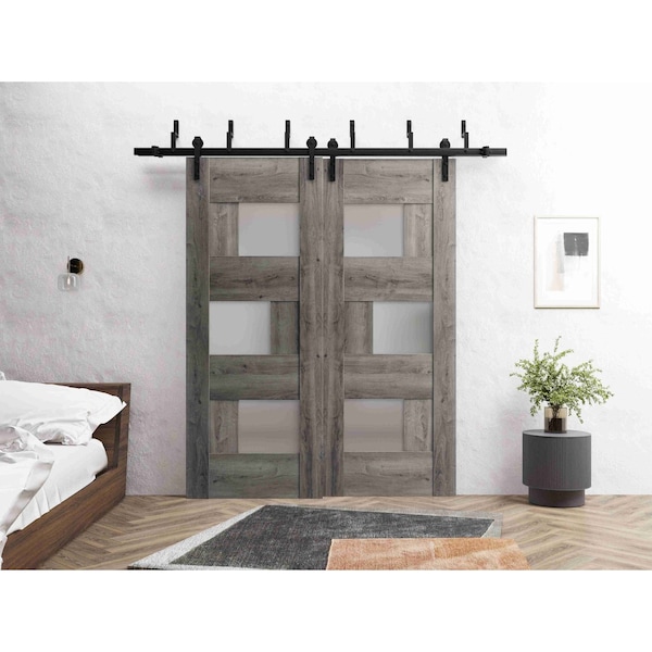 Vdomdoors Slab Barn Door Panel 36 x 80in, Nebraska Grey W/ Frosted Glass, Pocket Closet Sliding SETE6933S-NEB-36 - main