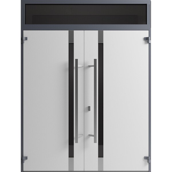 Vdomdoors Front Exterior Prehung Aluminum Double Doors Ronex1011 Grey Top Transom Mirrored Clear Glass Top RONEX1011DEXD-GRE-W72xH80+12-LH-O - main