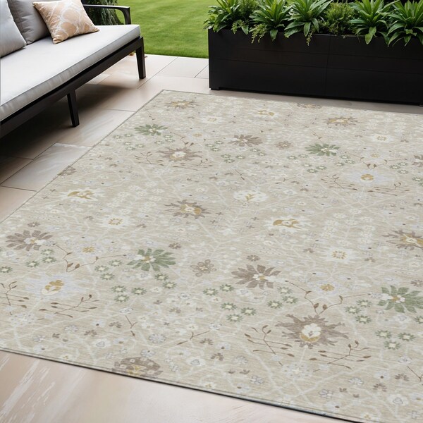 Homeroots 5' X 8' Beige Brown And Green Oriental Washable Indoor Outdoor Area Rug 598017 - main