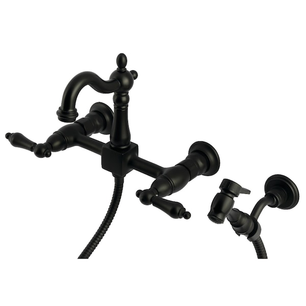 Kingston Brass Two-Handle Wall Mount Bridge Kitchen Faucet with Brass Sprayer, Matte Black KS2440ALBS - main