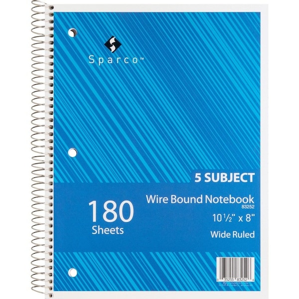 Sparco 5-Subject Notebook, 8in x 10-1/2in, Wide Ruled, Bright White, 180 Sheets/Pad 83252 - main