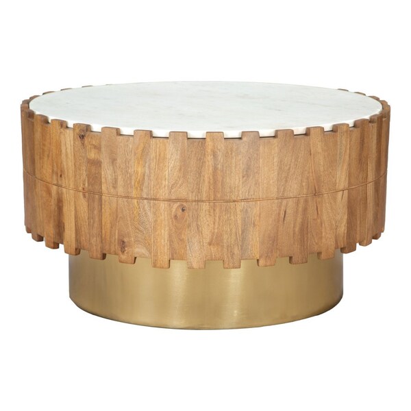 Homeroots 31" Gold Natural And White Iron Wood And Faux Marble Round Block Coffee Table 565069 - main