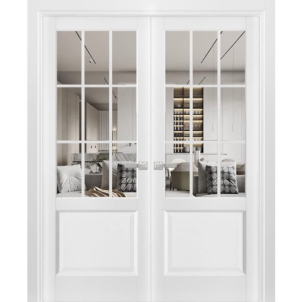 Sartodoors Solid French Double Doors, Felicia 3599 White Silk with Clear Glass, Wood Solid Panel Frame Trims FELICIA3599DD-WS-6496 - main