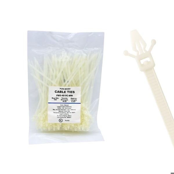 Cable Ties Unlimited Push Mount Cable Tie, Wings, 5 in L, 40 lb Strength, 1.1 in Max Bundle Dia, Nylon, Natural, 100PK PM5-40-9C-WW - main