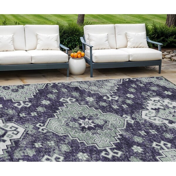 Homeroots 9' X 12' Purple Eggplant And Sage Medallion Washable Indoor Outdoor Area Rug 589018 - main