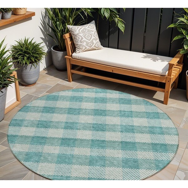 Homeroots 8' Teal Blue And Ivory Round Plaid Washable Indoor Outdoor Area Rug 595513 - main