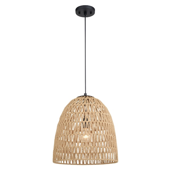 Vaxcel Nassau 1L LED Compatible Matte Black Transitional Pendant Light Natural Woven Rope Shade P0404 - main