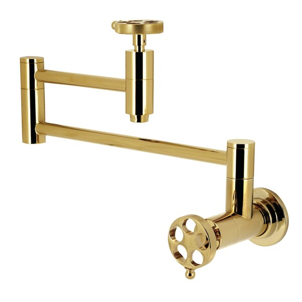 Kingston Brass Wall Mount Pot Filler Faucet with Knurled Handle, Polished Brass KS8102RKZ - main