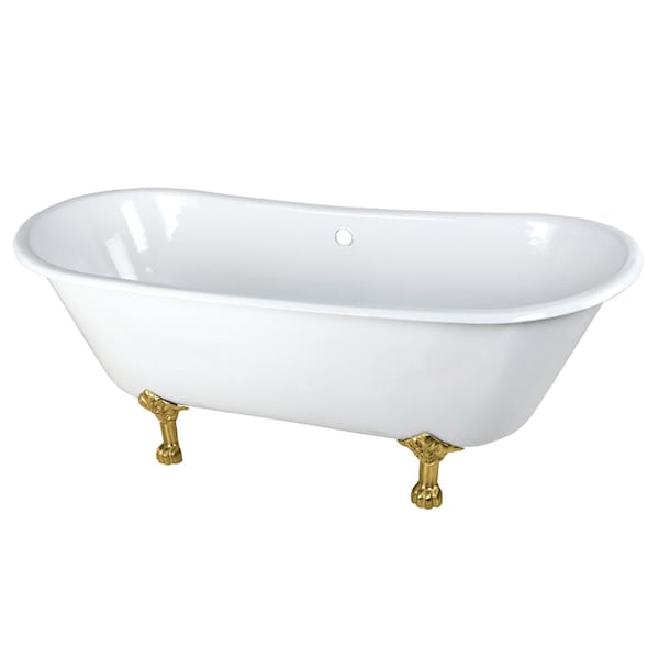 Kingston Brass 67" Cast Iron Oval Double Slipper Clawfoot Tub, No Faucet Drillings, White/Brushed Brass VCTND6728NH7 - main