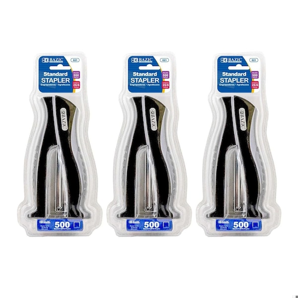 Bazic Products Stand-Up Standard, 26/6, Full Strip Stapler with 500 Staples, 3PK 621 - main