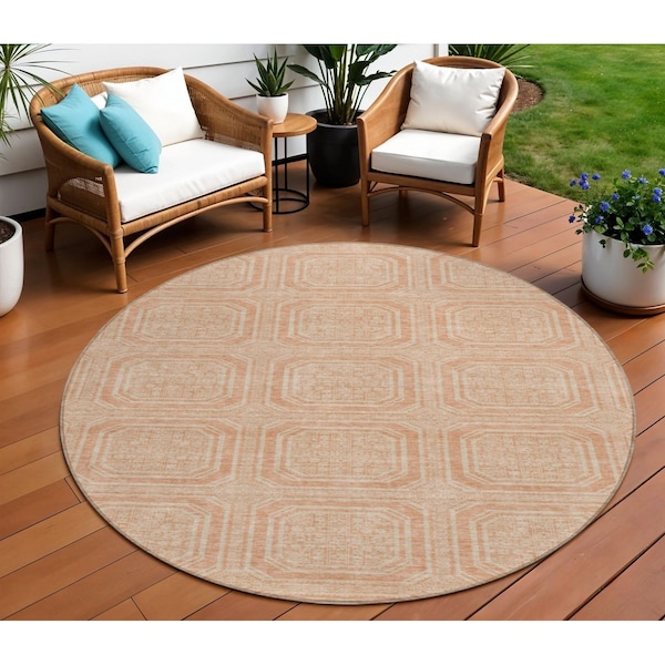 Homeroots 8' Peach And Beige Round Geometric Washable Indoor Outdoor Area Rug 610843 - main