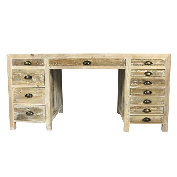 Homeroots 63" Brown Solid Wood Writing Desk With Twelve Drawers 489183 - main