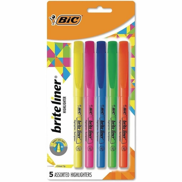Bic Brite Liner Highlighter, Chisel Tip, Assorted Colors, 5/set BLP51WASST - main