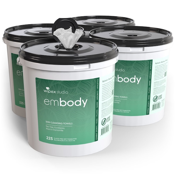 Wipex Natural Body Wipes 225ct Fitness Bucket, Tea Tree/Eucalyptus, 1100 Plant-Based Shower Wipes, 4PK WX71996BME-4 - main