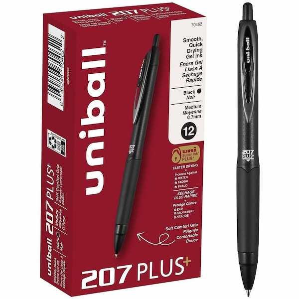 Uniball TM 207 Plus+ Gel Pen - 0.7 mm Medium Pen Point - Retractable - Black Ink - Gel-based, 12PK 70462 - main