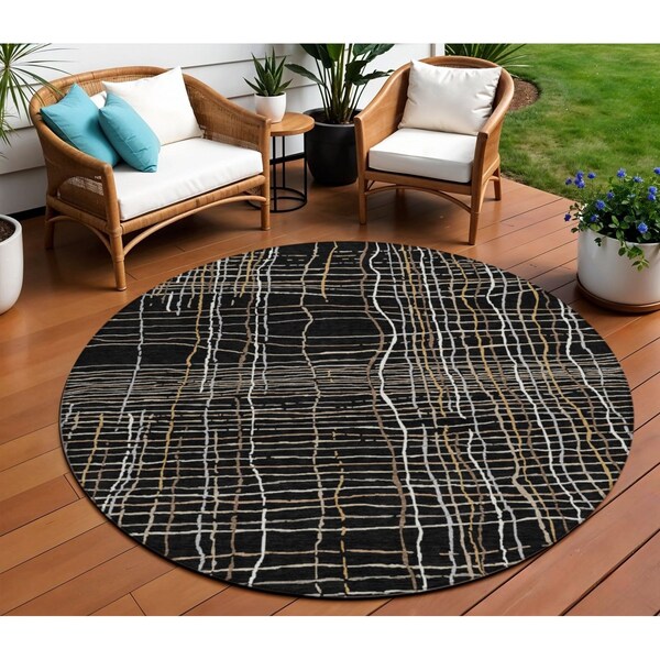 Homeroots 8' Black Ivory And Brown Round Striped Washable Indoor Outdoor Area Rug 597375 - main