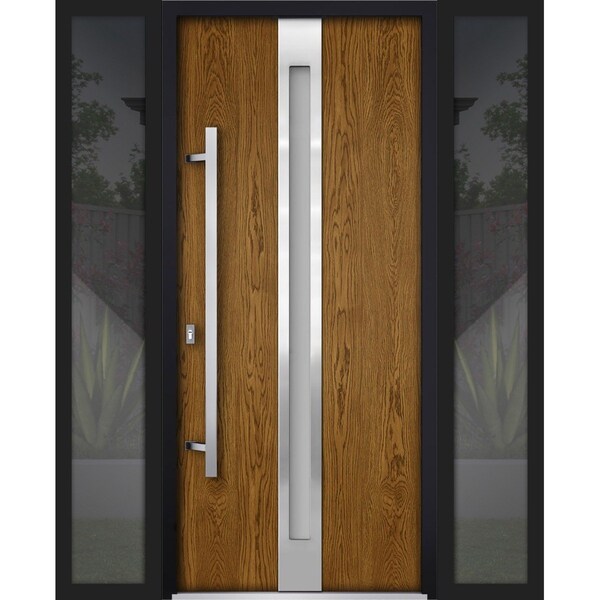 Vdomdoors Steel Door Deux 1744 Natural Oak 2 Sidelight Exterior Black Windows Stainless Inserts Single Modern DEUX1744EXD-OAKB-W12+36+12xH80-RH-O - main