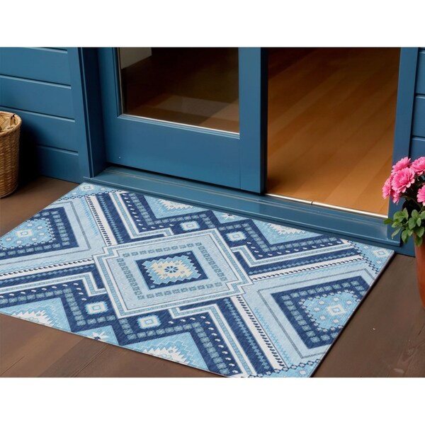 Homeroots 3' X 5' Navy Blue Aqua And Ivory Tribal Washable Indoor Outdoor Area Rug 598136 - main