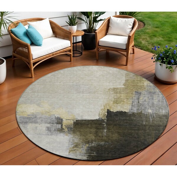 Homeroots 8' Khaki Light Green And Black Round Abstract Washable Indoor Outdoor Area Rug 603031 - main