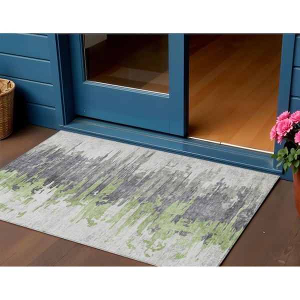 Homeroots 3' X 5' Green And Silver Abstract Washable Indoor Outdoor Area Rug 582386 - main