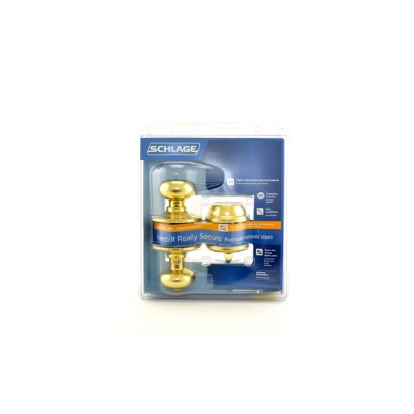 Schlage Residential Plymouth Knob Combo Pack with 12334 Latch and Dual Strikes Bright Brass Finish FB50PLY605 - main