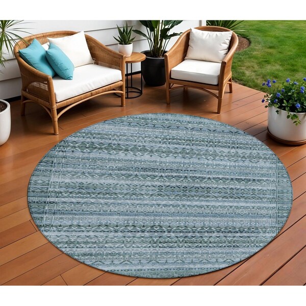 Homeroots 8' Artichoke Green And Blue Round Striped Washable Indoor Outdoor Area Rug 631469 - main