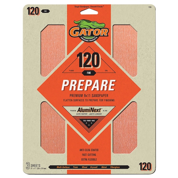 Gator Finishing 9 x 11 in. Premium Sandpaper, 120 Grit, Fine, 3PK 7263 - main
