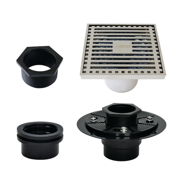 Kingston Brass 4" Brass Square Grid Shower Drain with Hair Strainer and Base Flange, Polished Nickel BSFK4464PN - main