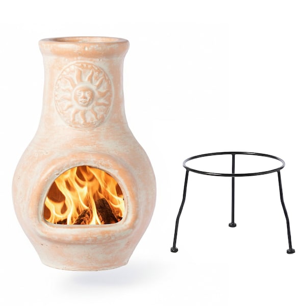 Vintiquewise Beige Outdoor Clay Chiminea Fireplace Sun Design Charcoal Burning Fire Pit with Metal Stand Fire Pit QI004601 - main