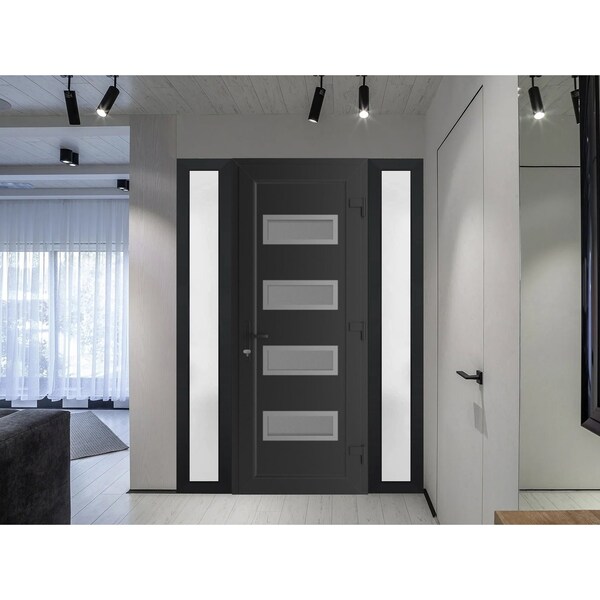 Vdomdoors Front Exterior Prehung Metal-Plastic Door, Manux 8113 Matte Black, 2 Side Sidelite Transoms, Office MANUX8113EXD-BLK-W12+32+12xH80-LH - main