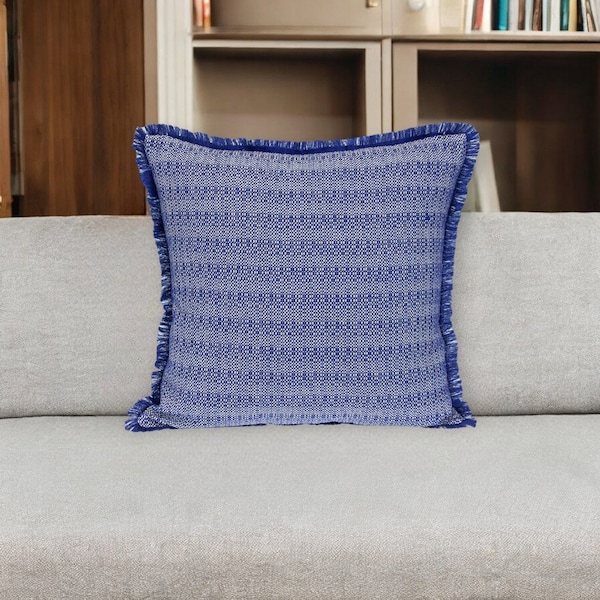 Homeroots 24" Blue and White Striped Cotton Throw Pillow With Fringe 529343 - main