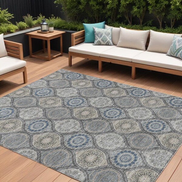 Homeroots 9' X 12' Gray Ivory And Navy Blue Floral Medallion Washable Indoor Outdoor Area Rug 614591 - main