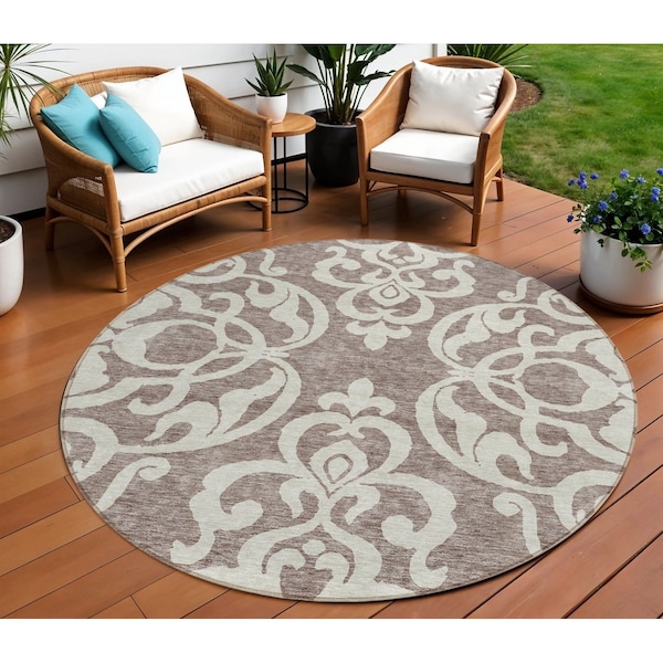 Homeroots 8' Taupe And Ivory Round Damask Washable Indoor Outdoor Area Rug 614463 - main