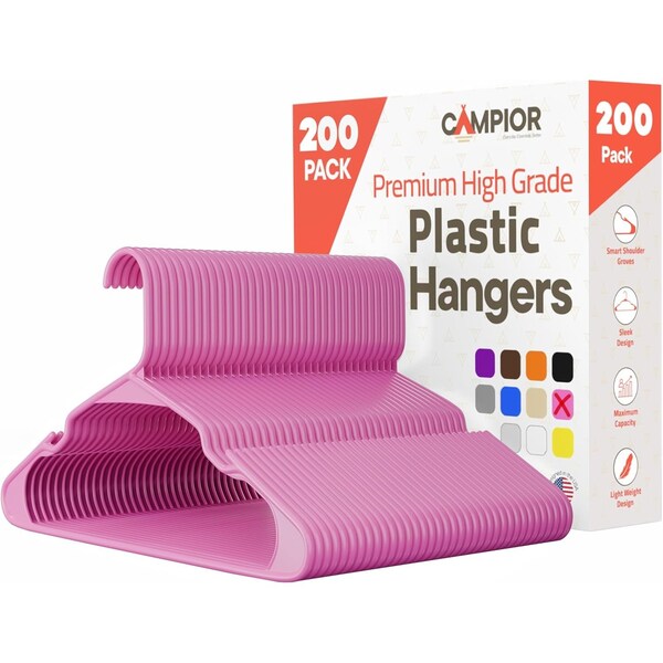 Campior Premium Pink Clothes Hangers, Slim, Durable, with Shoulder Grooves for Coats and Laundry, 200PK CMPPLH200PK - main