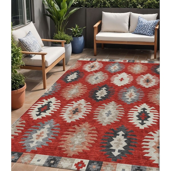 Homeroots 5' X 8' Red Ivory And Salmon Southwestern Washable Indoor Outdoor Area Rug 615165 - main
