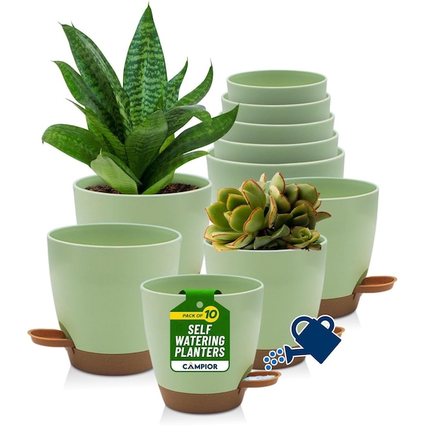 Campior Green Self Watering Pots Indoor and Outdoor Plant Pots with Wick Rope and Drainage Holes, 10PK CAMPPLTGR101 - main