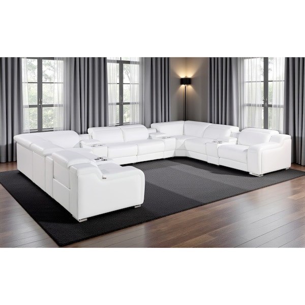Homeroots White Italian Leather Power Reclining U Shaped Twelve Piece Corner Sectional With Console 632551 - main